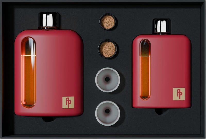 Ragproper Modern Glass Hip Flask for Men | Cork & Silicone Lid Liners | Firm Grip | Curved Edges | Durable Silicone Covered Flask for Whiskey | Liquor | Sprits | 100ml Single+ 240ml Double | Red - Image 1